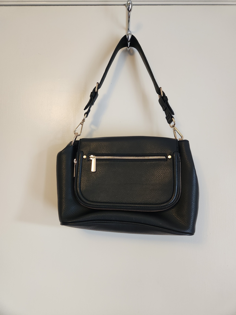 a new day Black Shoulder Bag with Front Zip Pocket and Gold Hardware